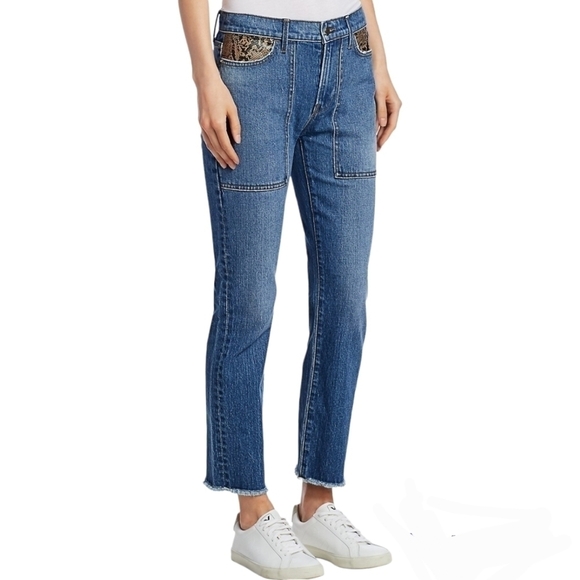 Frame le high straight python print leather patchwork jeans Size 29 - Picture 4 of 11